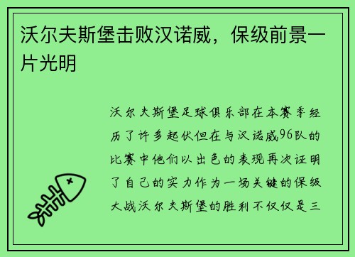 沃尔夫斯堡击败汉诺威，保级前景一片光明